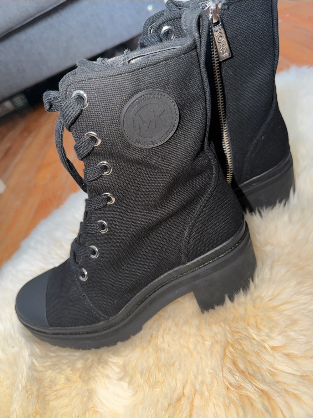 Michael Kors Black Lace-Up Platform Lug Heel Boots - Picture 4 of 8